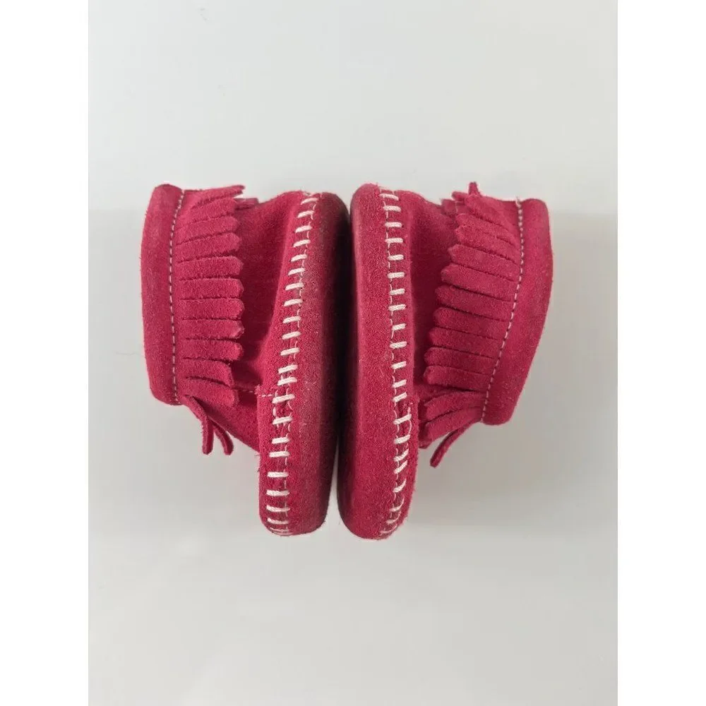 Minnetonka Infant Back Flap Suede Fringe Bootie Moccasins Baby Size 1 Red Pink
